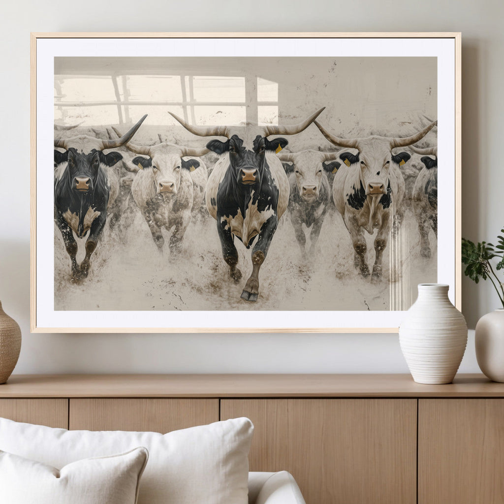 Texas Longhorn Wall Art | Framed Cattle Walking Canvas