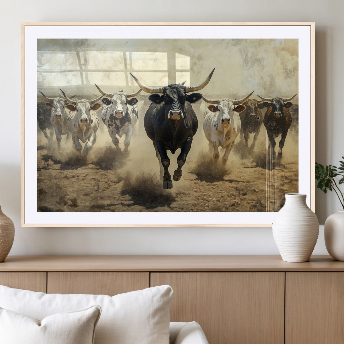 Texas Longhorn Wall Art | Framed Charging Cattle Canvas