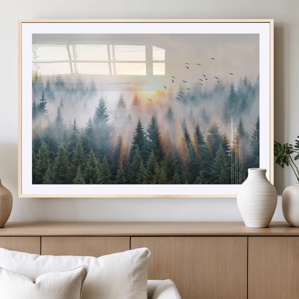 Misty Pine Forest Wall Art Canvas, Sunrise Over Foggy Trees