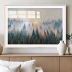 Misty Pine Forest Wall Art Canvas, Sunrise Over Foggy Trees