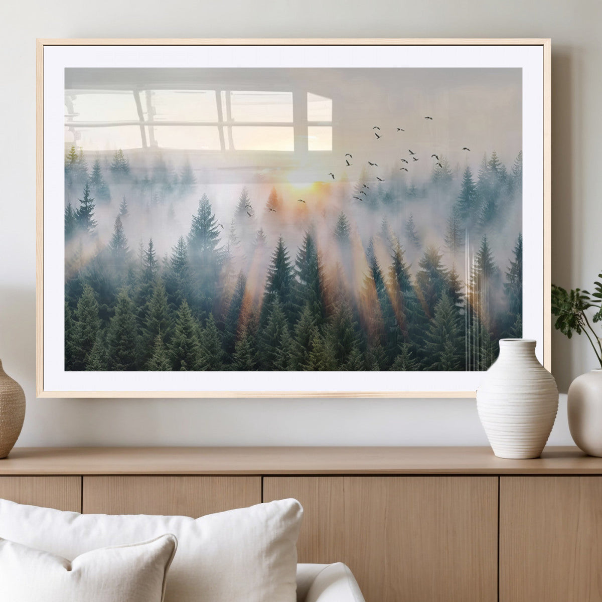 Misty Pine Forest Wall Art Canvas, Sunrise Over Foggy Trees