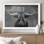 Texas Longhorn Wall Art Canvas Print, Framed Western Bull Photography, Rustic Log Cabin Decor