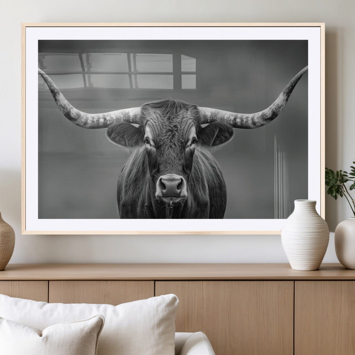 Texas Longhorn Wall Art Canvas Print, Framed Western Bull Photography, Rustic Log Cabin Decor
