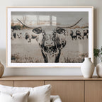 Texas Longhorn Wall Art Canvas Print | Framed Speckled Brown and White Bull