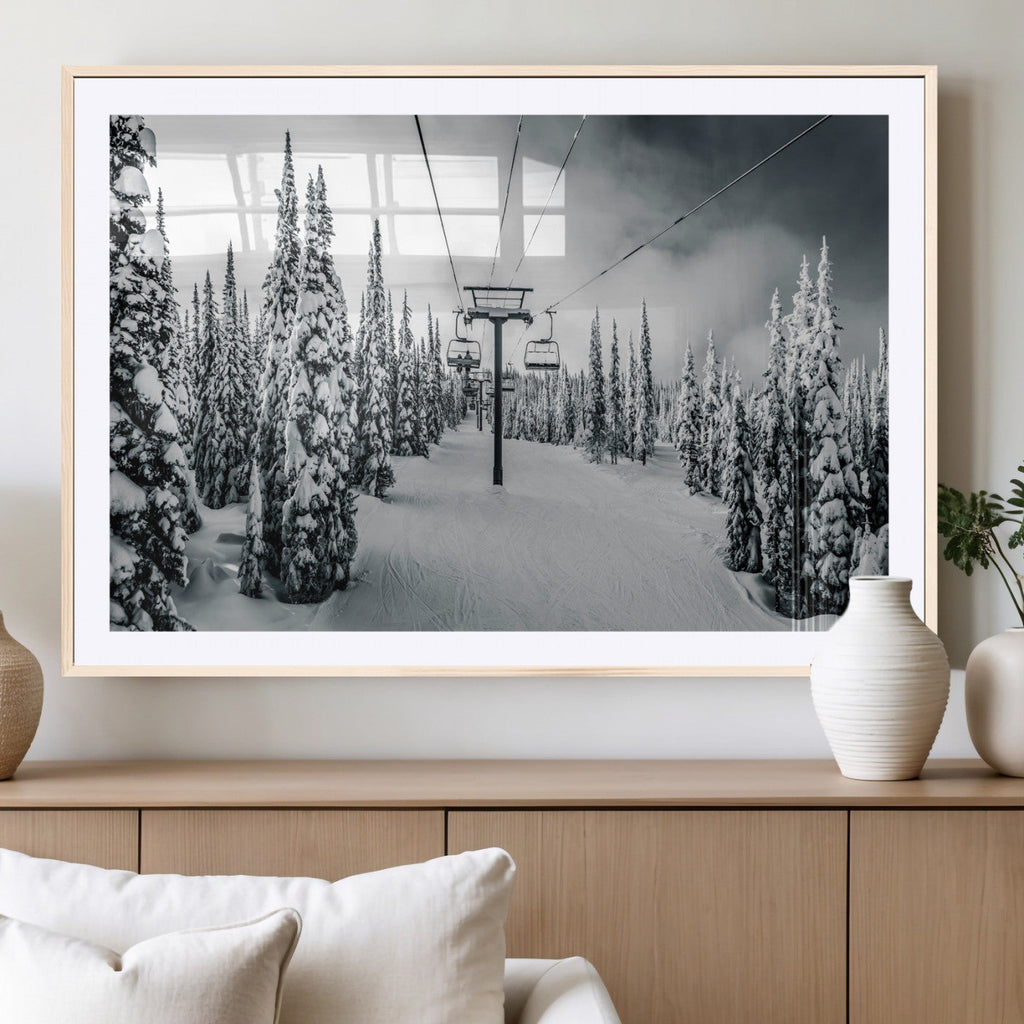 Snowy Pines Wall Art Canvas Print | Ski Lift in a Winter Forest