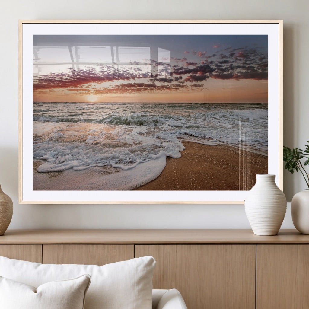 Ocean Sunset Wall Art Canvas Print | Sandy Shore and Gentle Waves