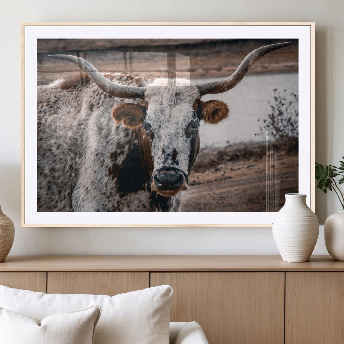 Texas Longhorn Wall Art Canvas Print | Framed Brown and White Spotted Longhorn