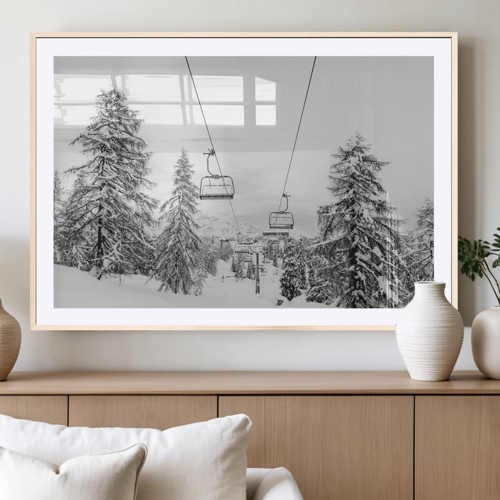 Snowy Ski Lift Wall Art | Framed Winter Forest Canvas