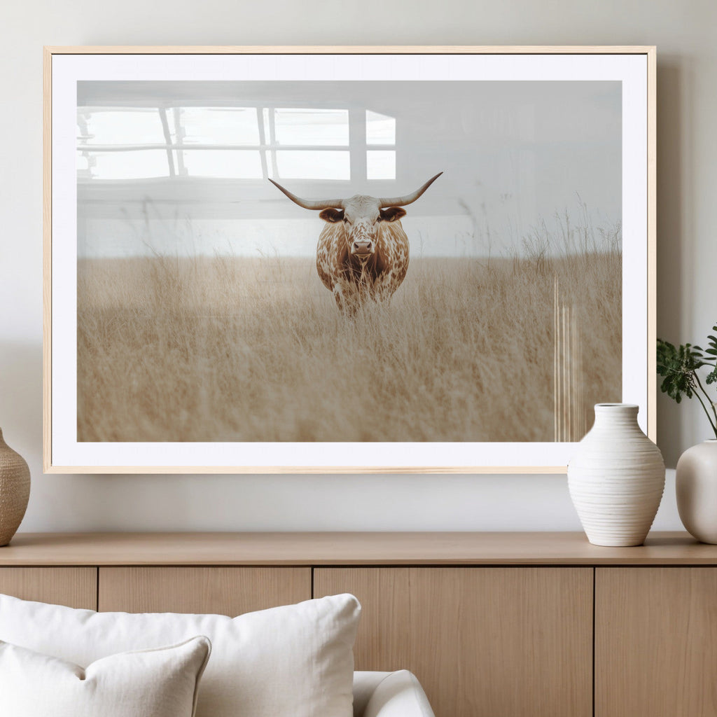 Texas Longhorn Wall Art Canvas Print, Framed Lone Cattle and Longhorn Bull Scene