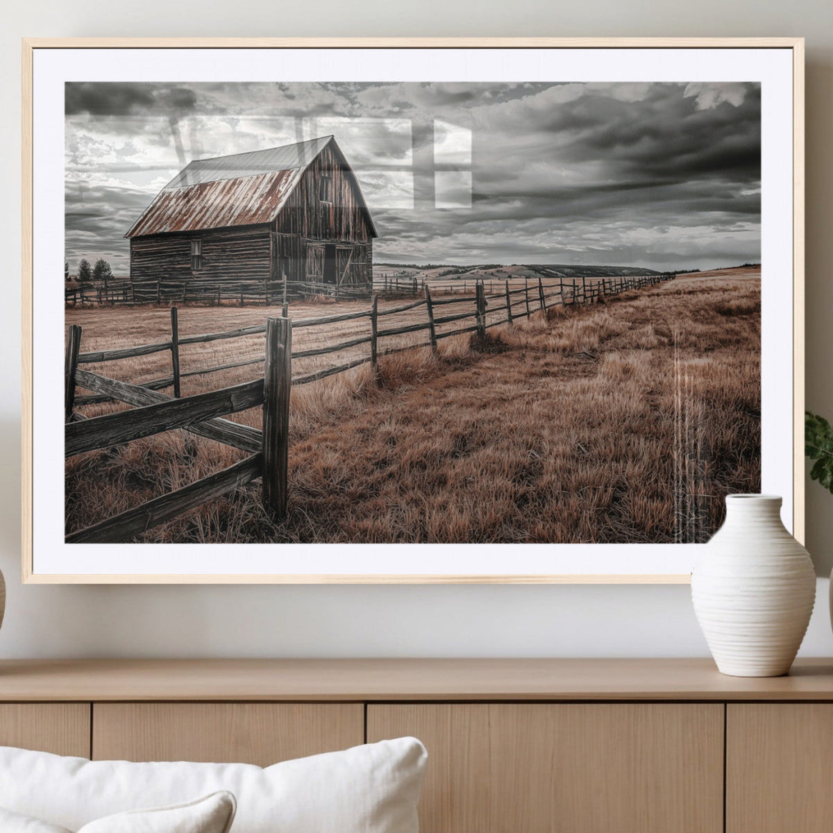 Rustic Barn Wall Art Canvas Print, Framed Moody Field Scene