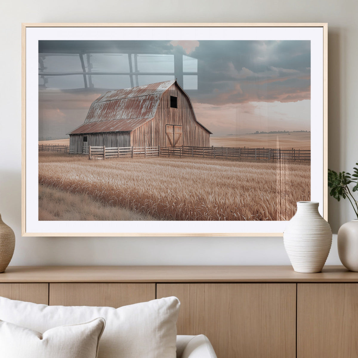 Rustic Barn Wall Art Canvas Print, Framed Wheat Field Scene