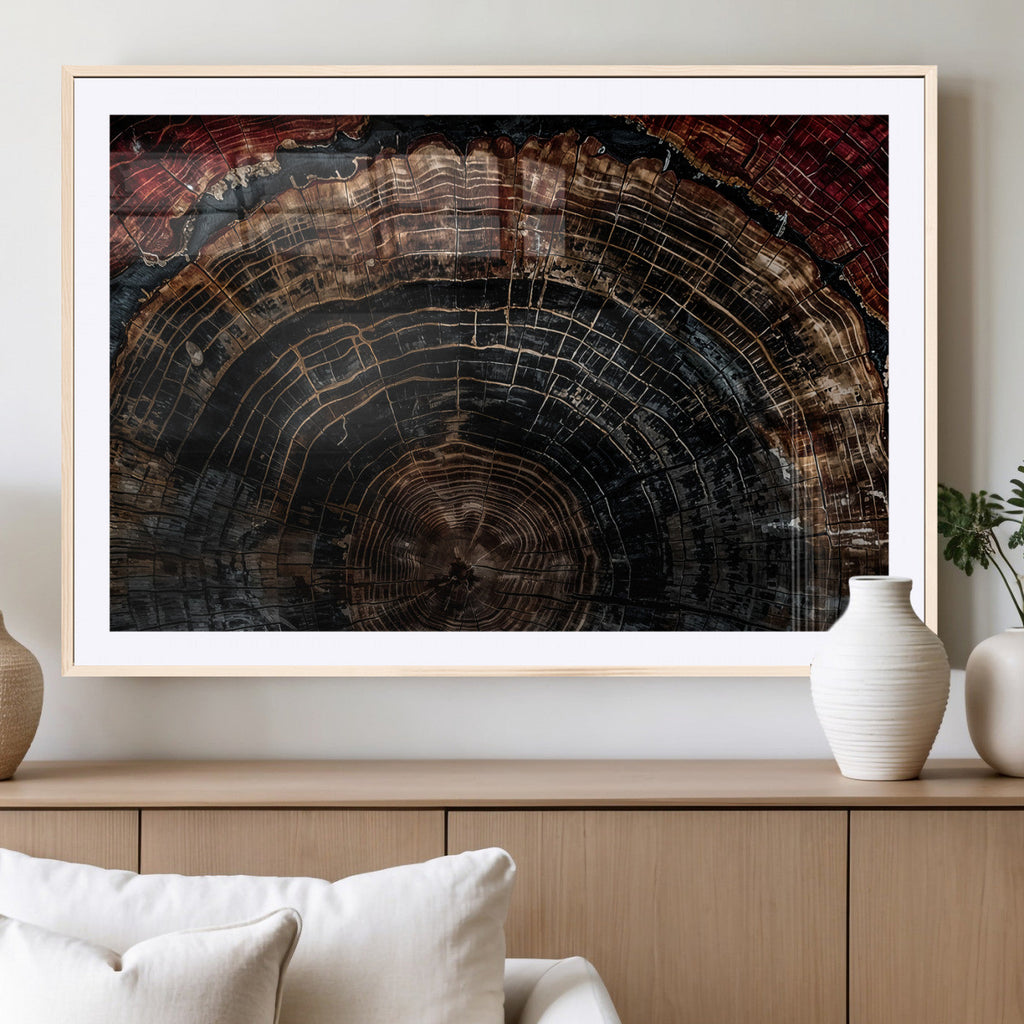Dark Wood Ring Wall Art Canvas Print, Framed Abstract Tree Slice Print, Rustic Wood Grain Decor
