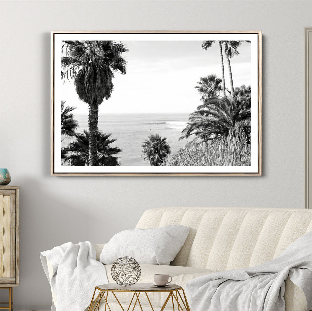 Palm Trees Wall Art Canvas Print, Framed Coastal Ocean Horizon Monochrome Art