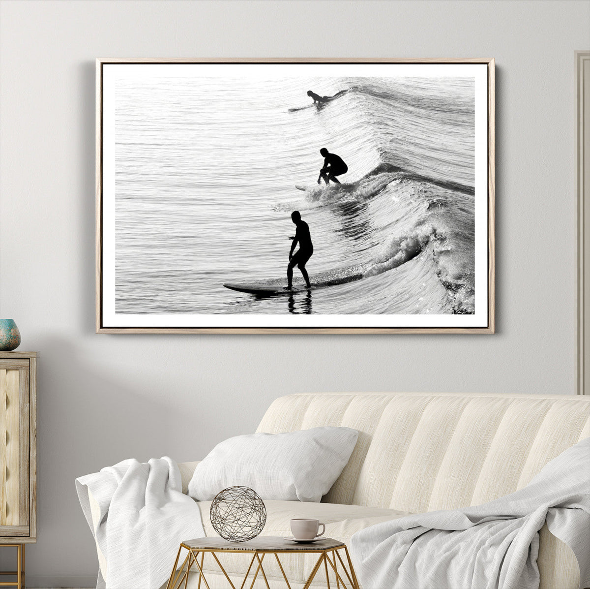Surfers on Waves Wall Art Canvas Print | Framed Black and White Surf
