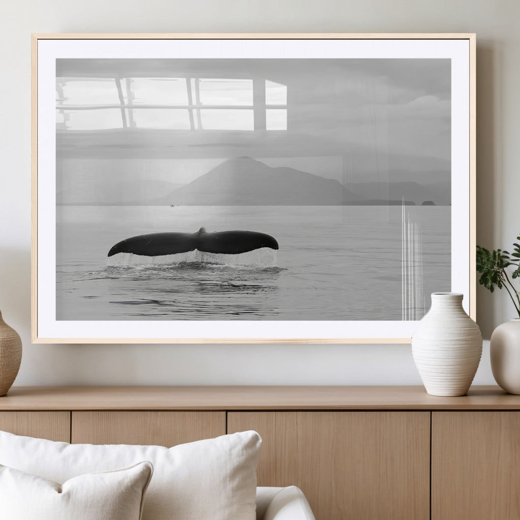 Whale Tail Wall Art | Framed Black White Ocean Canvas