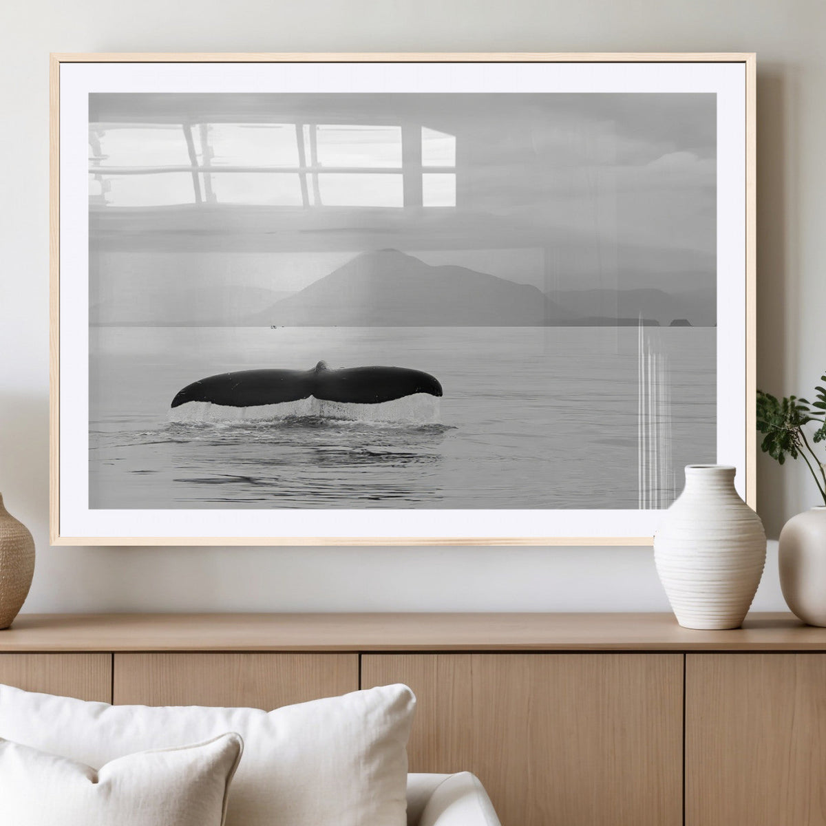Whale Tail Wall Art | Framed Black White Ocean Canvas