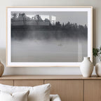 Surfer Fog Wall Art Canvas Print, Framed Foggy Beach and Coastal Surf Scene