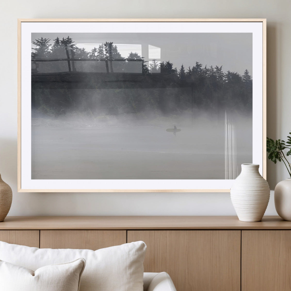 Surfer Fog Wall Art Canvas Print, Framed Foggy Beach and Coastal Surf Scene