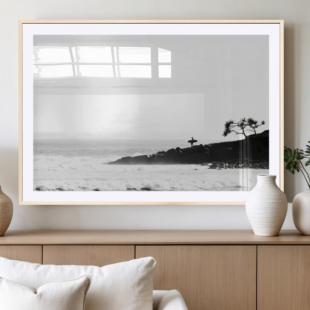 Surfer Cliffs Wall Art Canvas Print, Framed Black White Beach and Ocean Waves