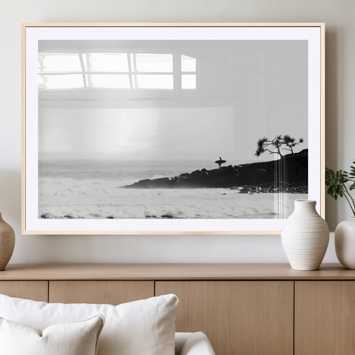 Surfer Cliffs Wall Art Canvas Print, Framed Black White Beach and Ocean Waves