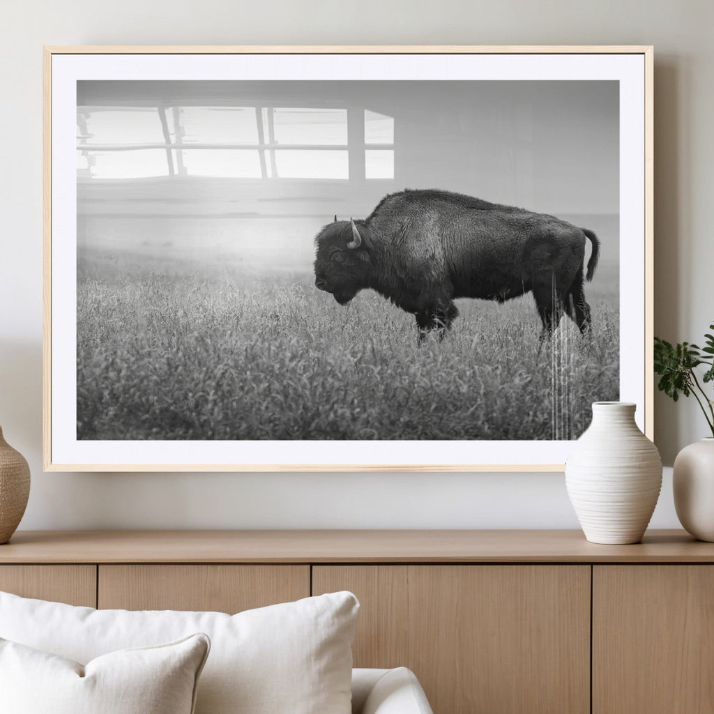 Bison Wall Art Canvas Print, Framed Rustic Wildlife Scene with Wild Buffalo