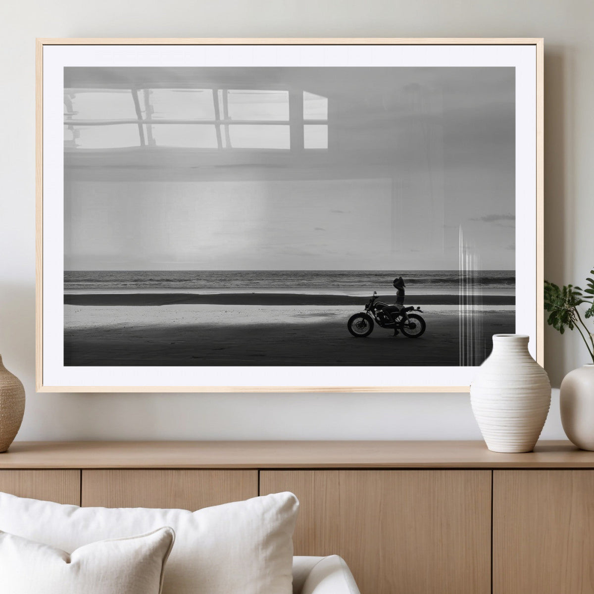 Motorcycle Beach Wall Art Canvas Print, Framed Vintage Motorcycle and Biker Silhouette