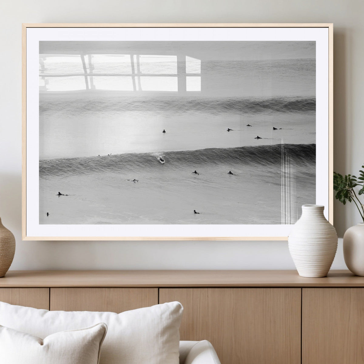 Black White Ocean Wall Art Canvas Print, Framed Coastal Sport and Ocean Swimmers Scene