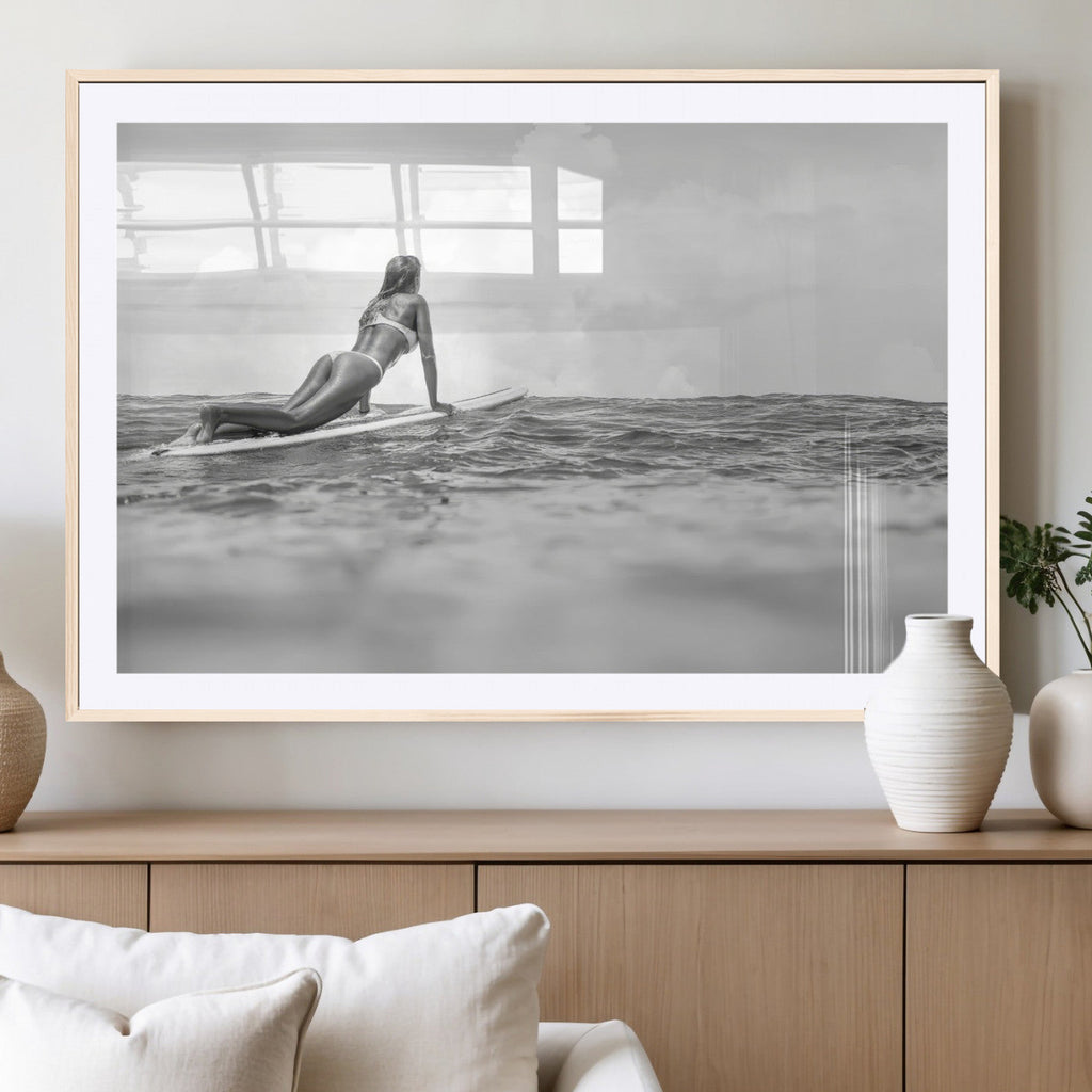 Black and White Surfing Wall Art Canvas Print, Framed Ocean Horizon Surfer Girl