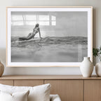 Black and White Surfing Wall Art Canvas Print, Framed Ocean Horizon Surfer Girl
