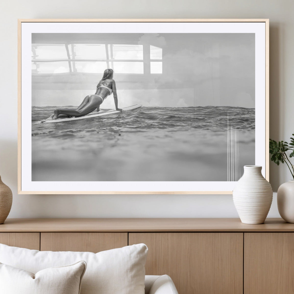 Black and White Surfing Wall Art Canvas Print, Framed Ocean Horizon Surfer Girl