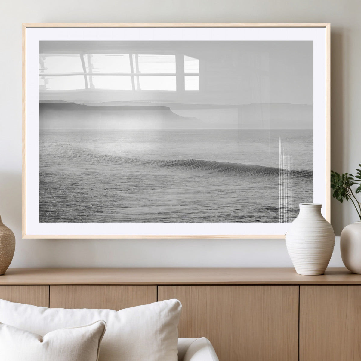 Black and White Seascape Wall Art Canvas Print, Framed Misty Ocean Waves