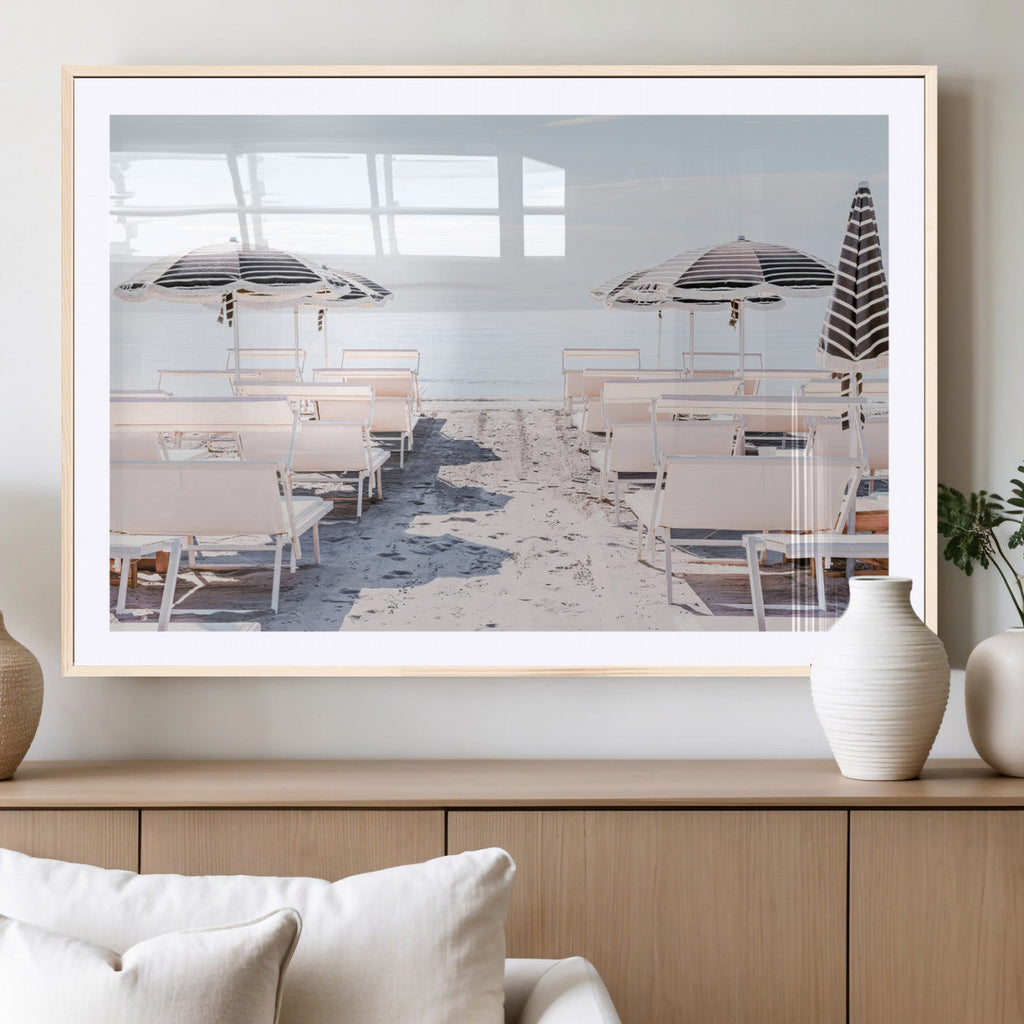 Minimalist Beach Wall Art Canvas Print, Framed Pastel Sand and Striped Umbrella Artwork