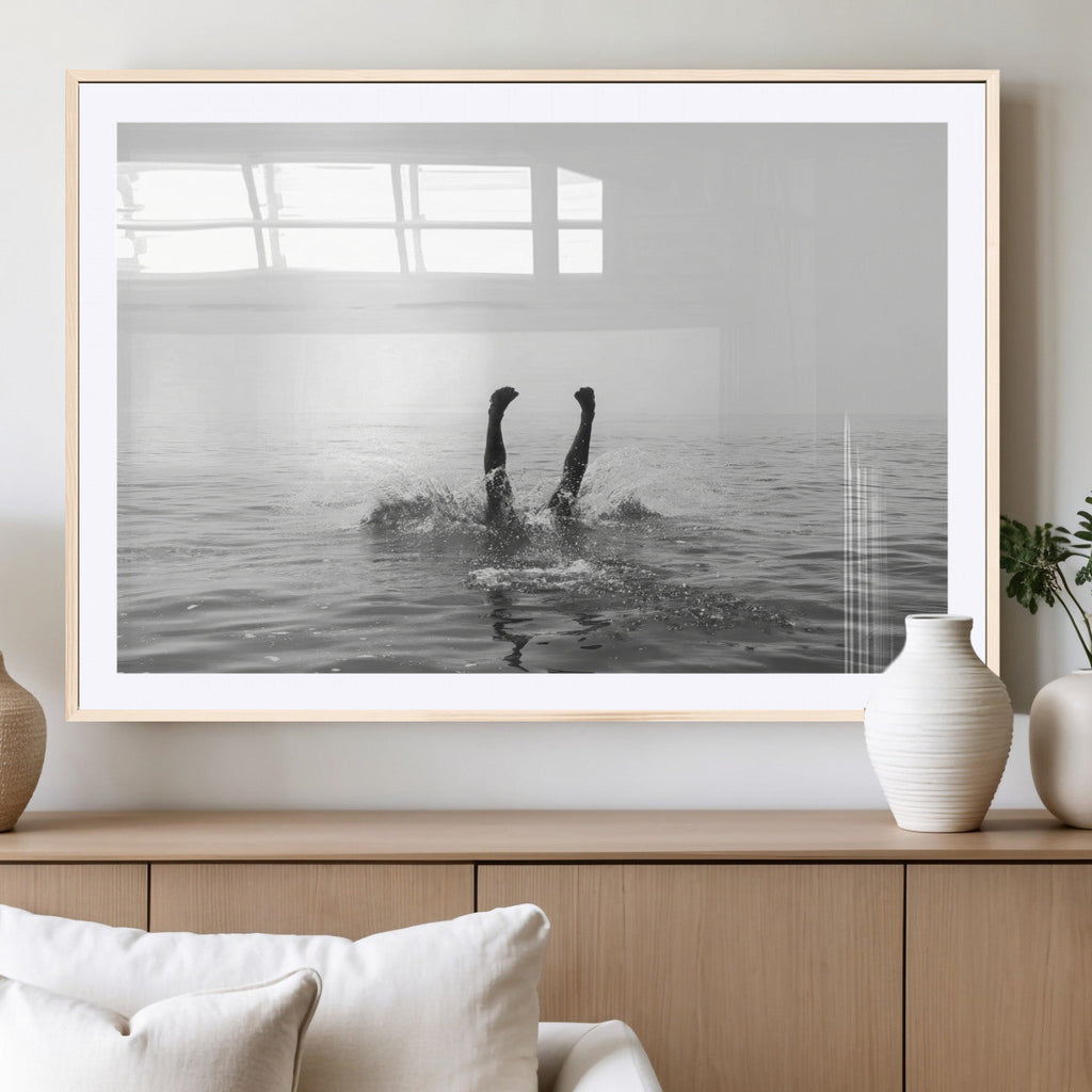 Black White Ocean Wall Art Canvas Print, Framed Monochrome Diving into Water Artwork