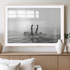 Black White Ocean Wall Art Canvas Print, Framed Monochrome Diving into Water Artwork