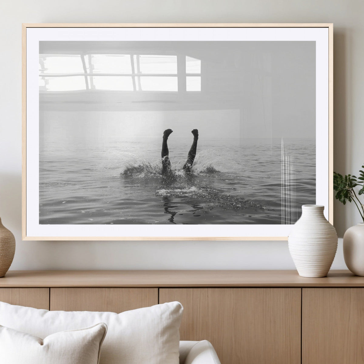 Black White Ocean Wall Art Canvas Print, Framed Monochrome Diving into Water Artwork