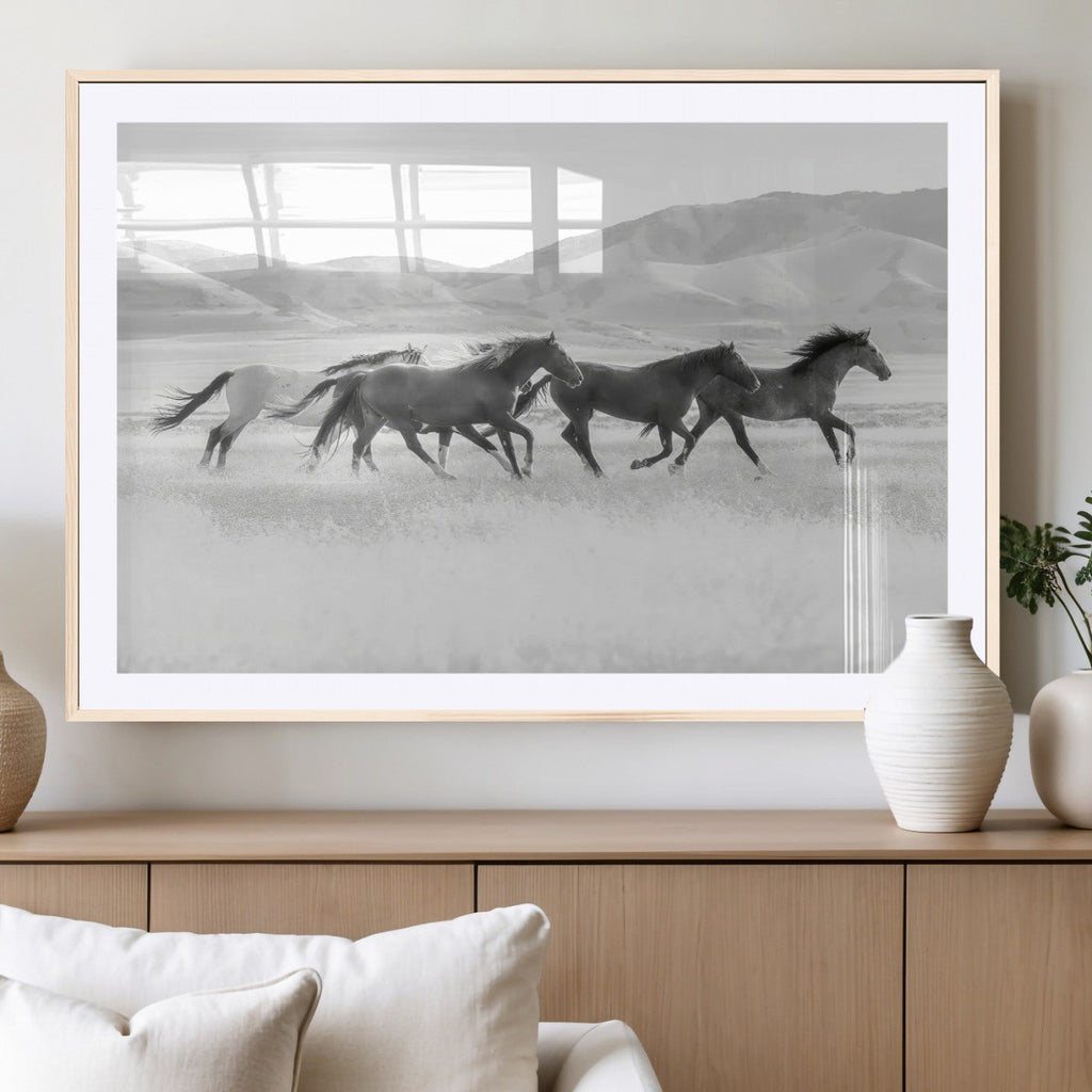 Wild Horses Running Wall Art Canvas Print, Framed Black White Mustangs Artwork