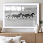 Wild Horses Running Wall Art Canvas Print, Framed Black White Mustangs Artwork