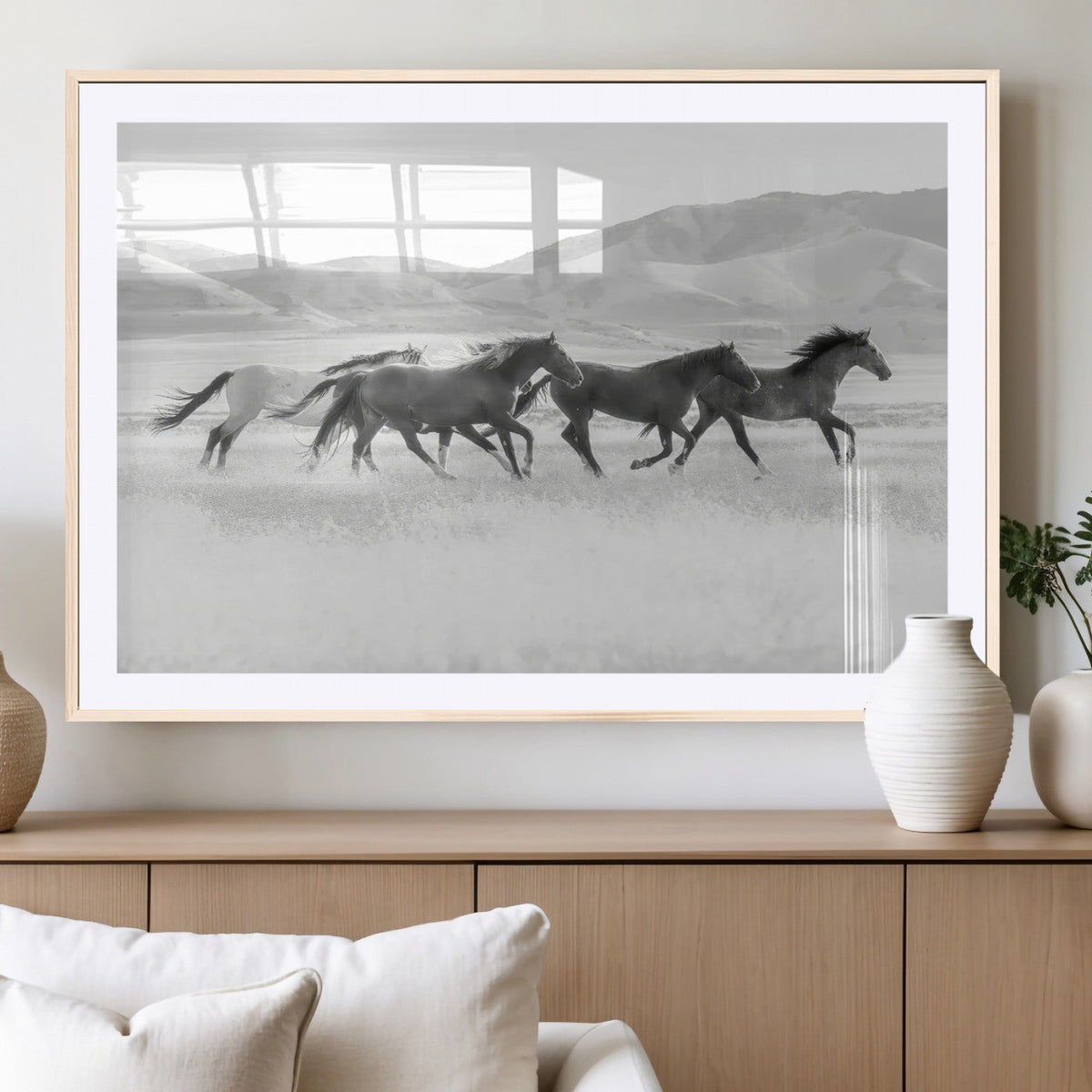 Wild Horses Running Wall Art Canvas Print, Framed Black White Mustangs Artwork