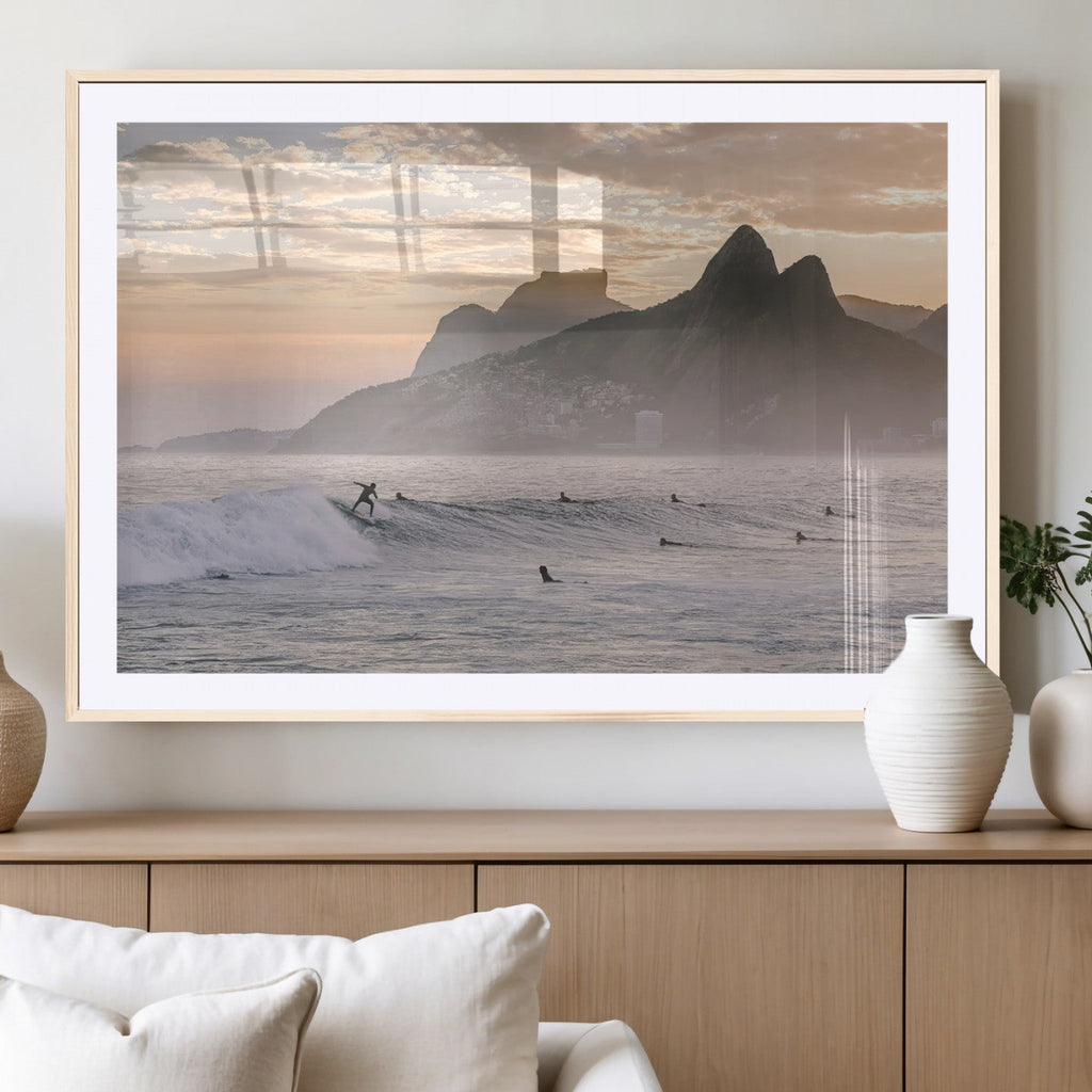 Sunset Surfing Wall Art Canvas Print, Framed Misty Mountains and Surfer Riding a Wave
