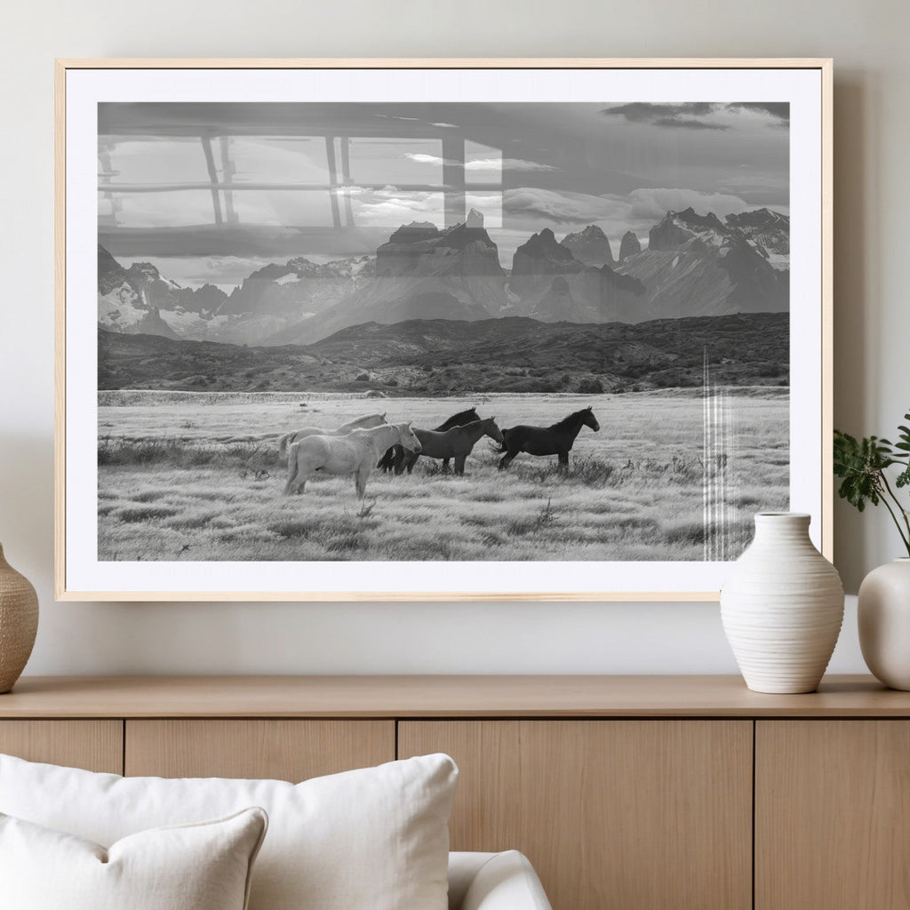 Wild Horses Wall Art | Framed Black White Mountain Canvas