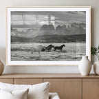 Wild Horses Wall Art | Framed Black White Mountain Canvas