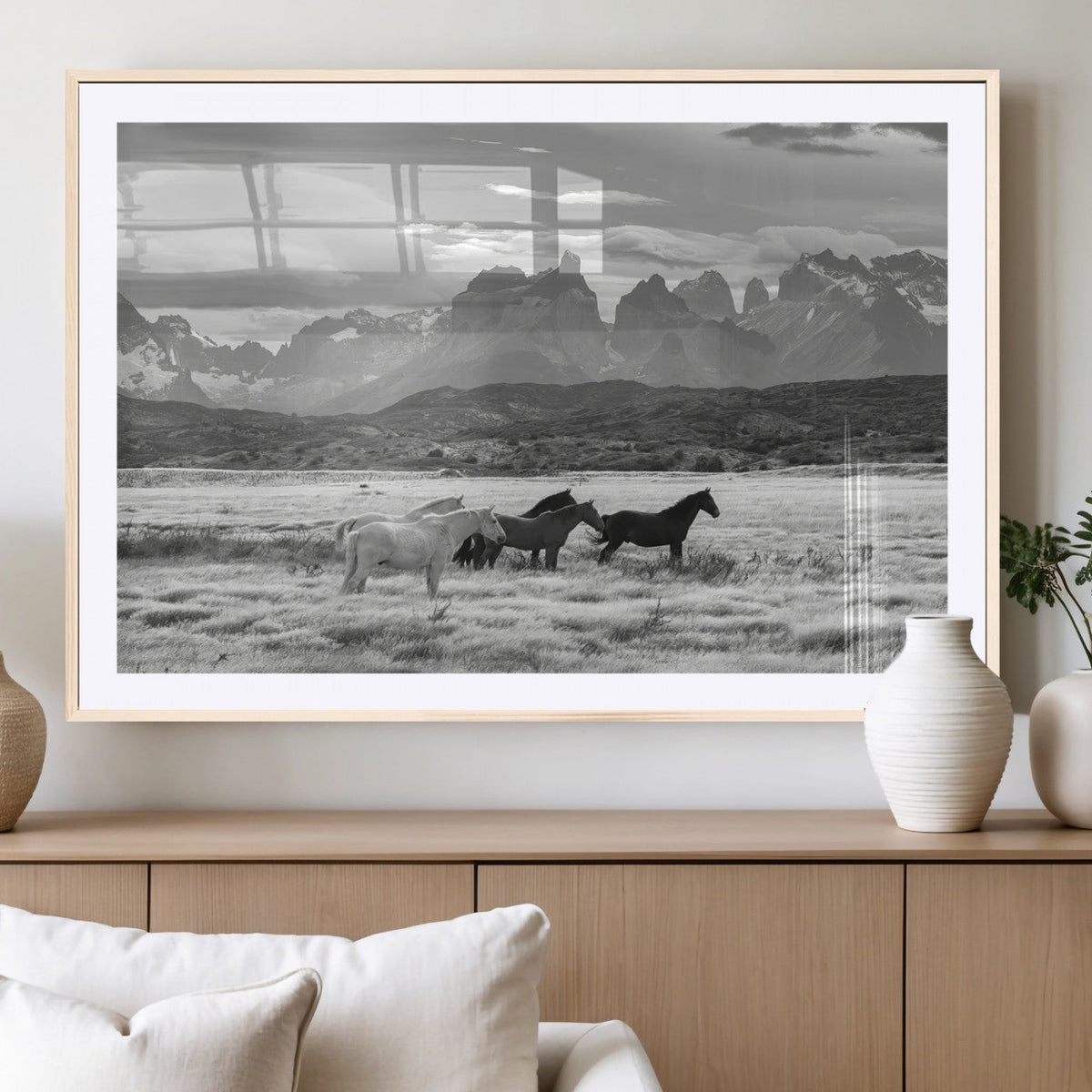 Wild Horses Wall Art | Framed Black White Mountain Canvas