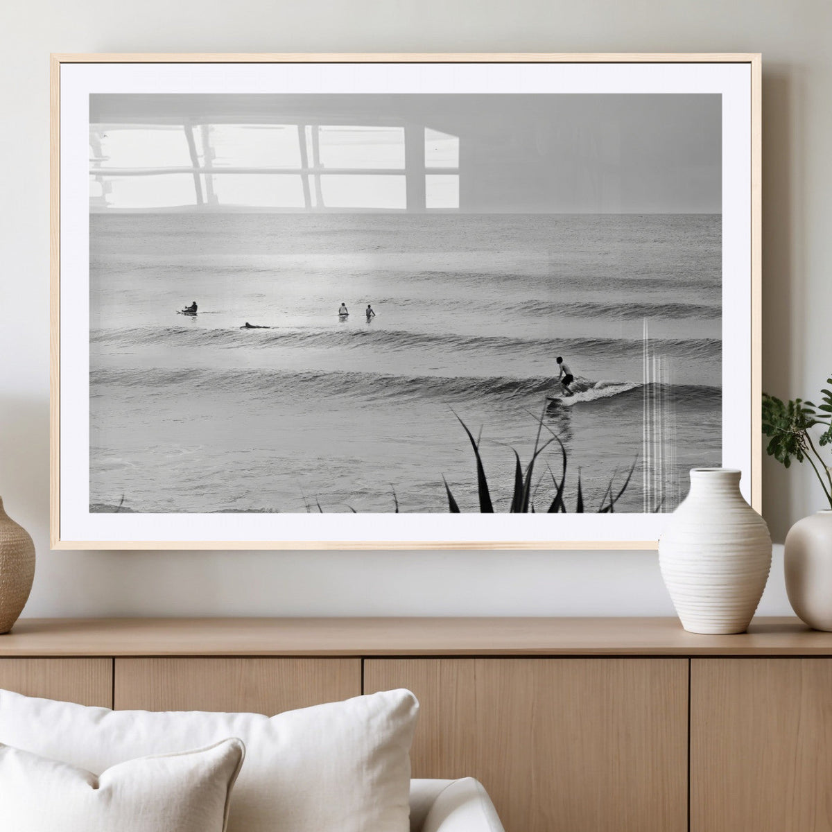 Surfer Silhouette Wall Art | Framed Calm Ocean Canvas