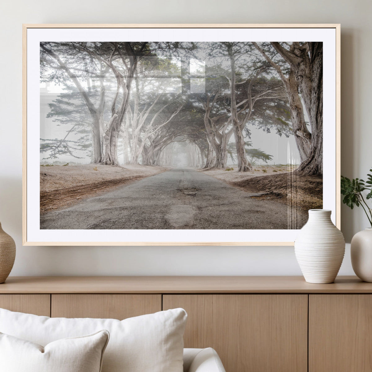 Cypress Tunnel Wall Art | Framed Misty Road Canvas Artwork