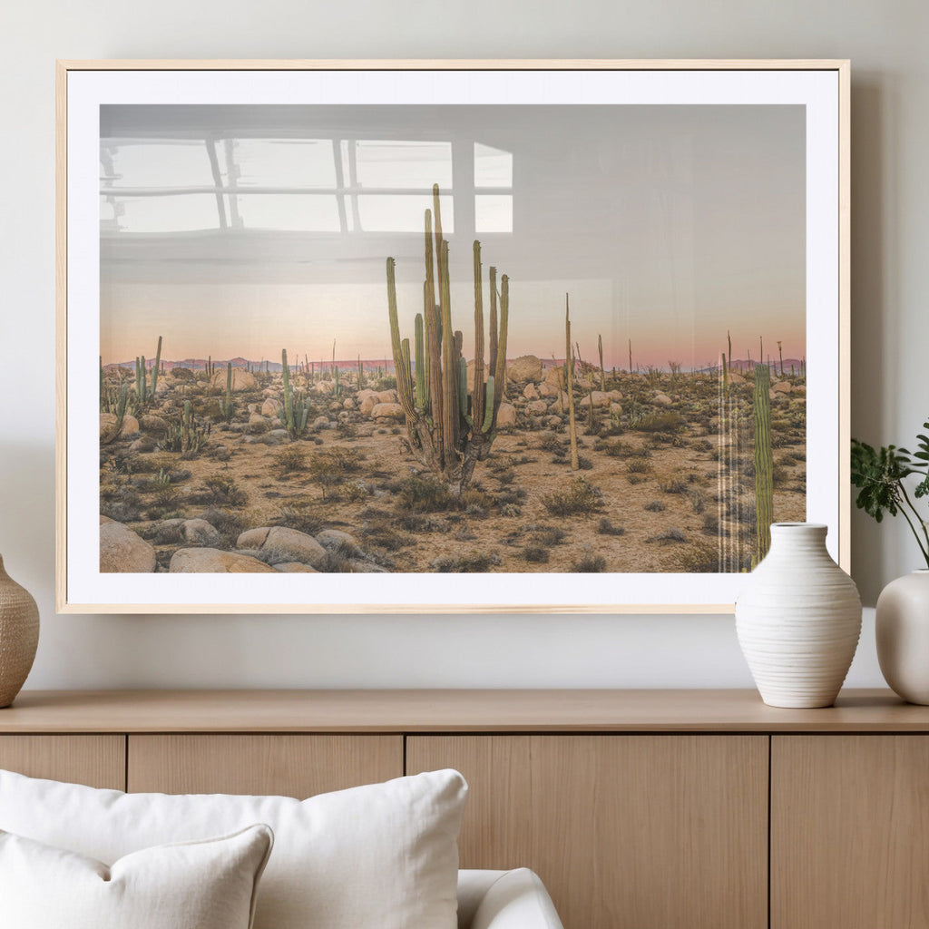 Desert Cactus Wall Art Canvas Print, Framed Baja Desert Art, Pastel Southwestern Decor