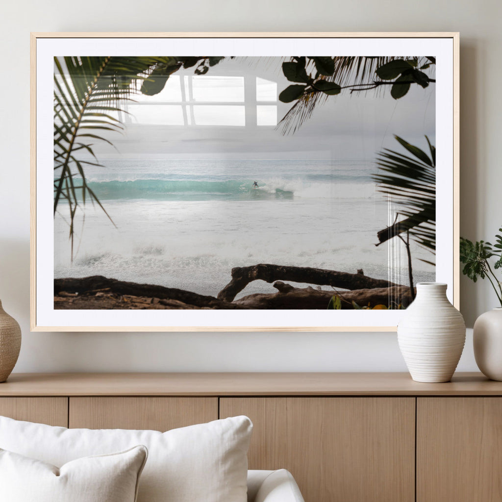Tropical Surf Wall Art Canvas Print, Framed Palm Tree View Art, Boho Beach House Decor