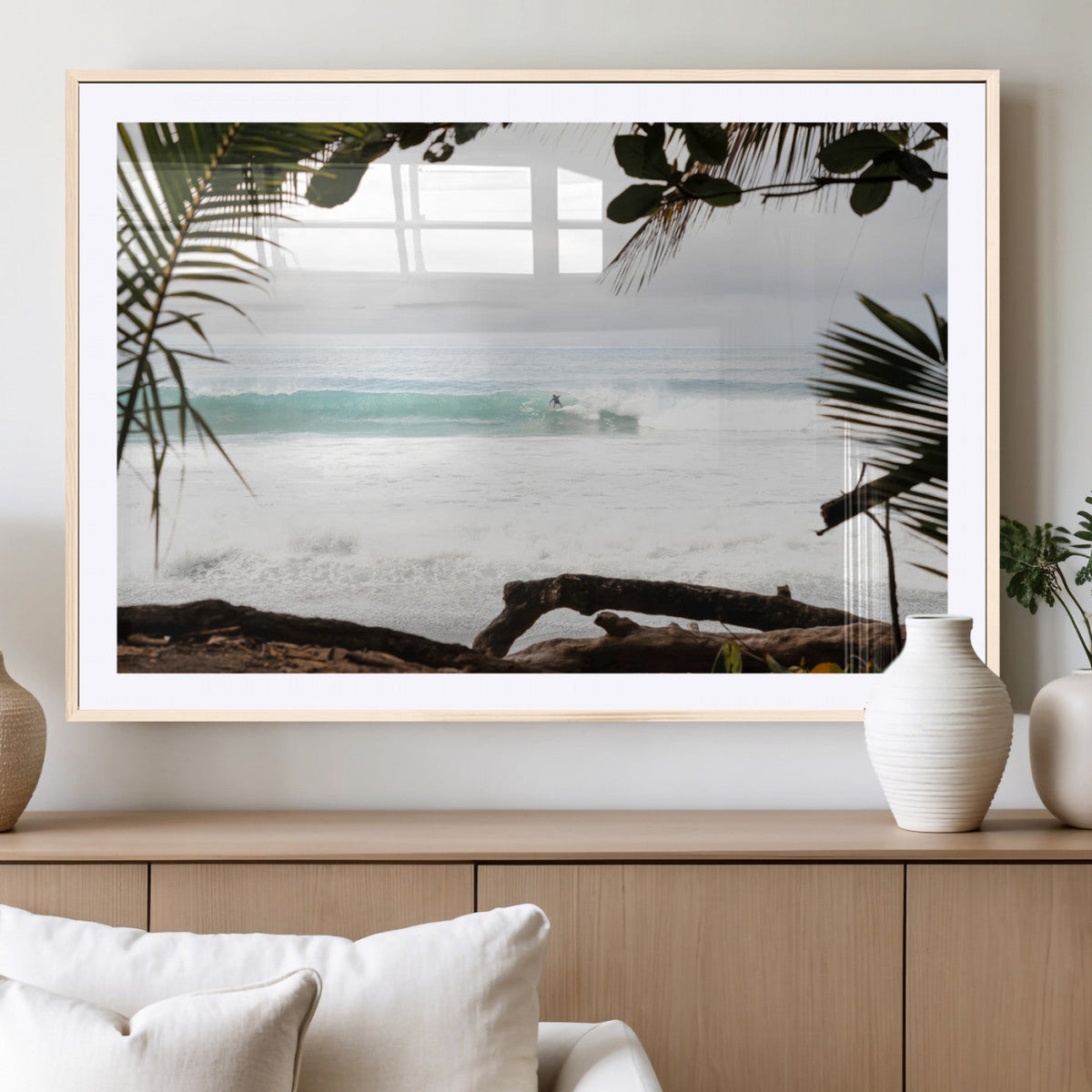 Tropical Surf Wall Art Canvas Print, Framed Palm Tree View Art, Boho Beach House Decor