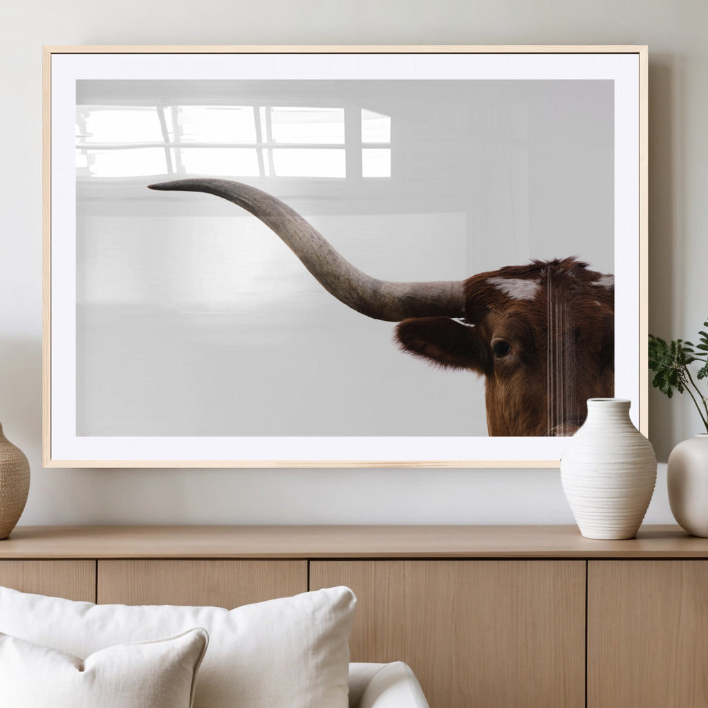 Texas Longhorn Wall Art Canvas Print, Framed Minimalist Cow Art, Ranch Style Decor