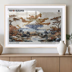 Modern Japanese Wall Art Canvas Print, Framed Abstract Mount Fuji Landscape, Yayoi Kusama Canvas Wall Art