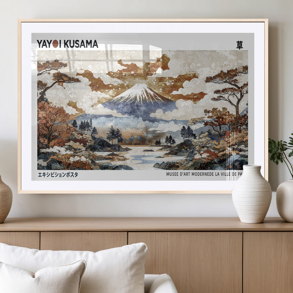 Modern Japanese Mount Fuji Canvas Art Print, Yayoi Kusama Wall Art, Framed Abstract Japanese Landscape